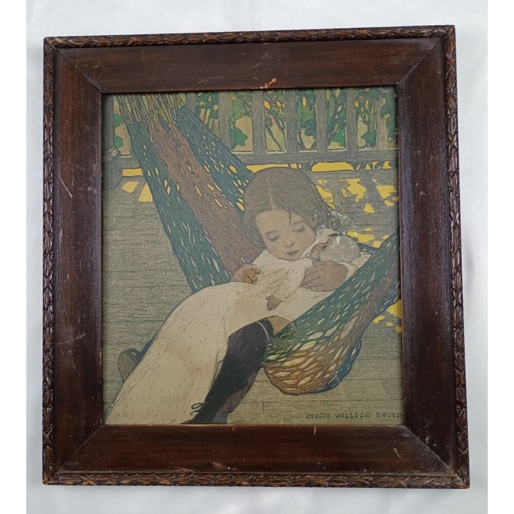 1903 Jessie Willcox Smith Print Girl in Hammock with Doll Hanna & Ives Framed